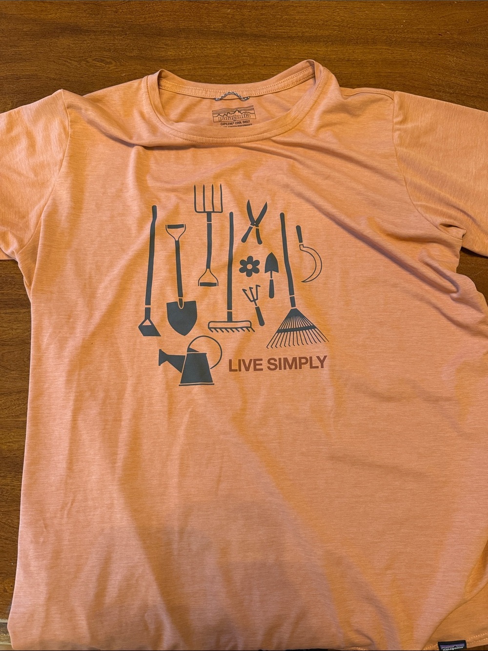 Patagonia "Live Simply" Graphic Tee - Peach, Capilene Cool Daily, 50+ UPF, SZ L